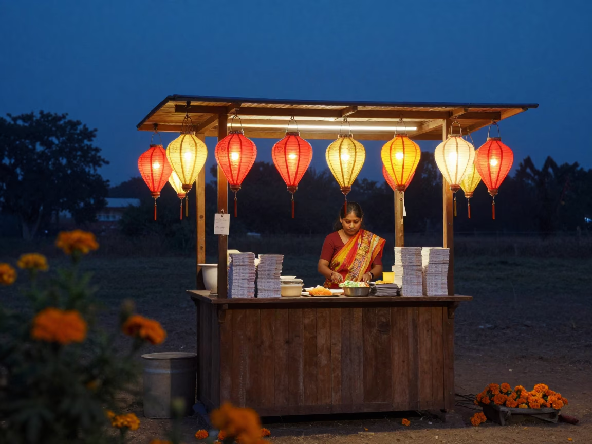 Twilight Token Booth Under Paper Lanterns Near Bilaspur in at a festival street procession near Bilaspur