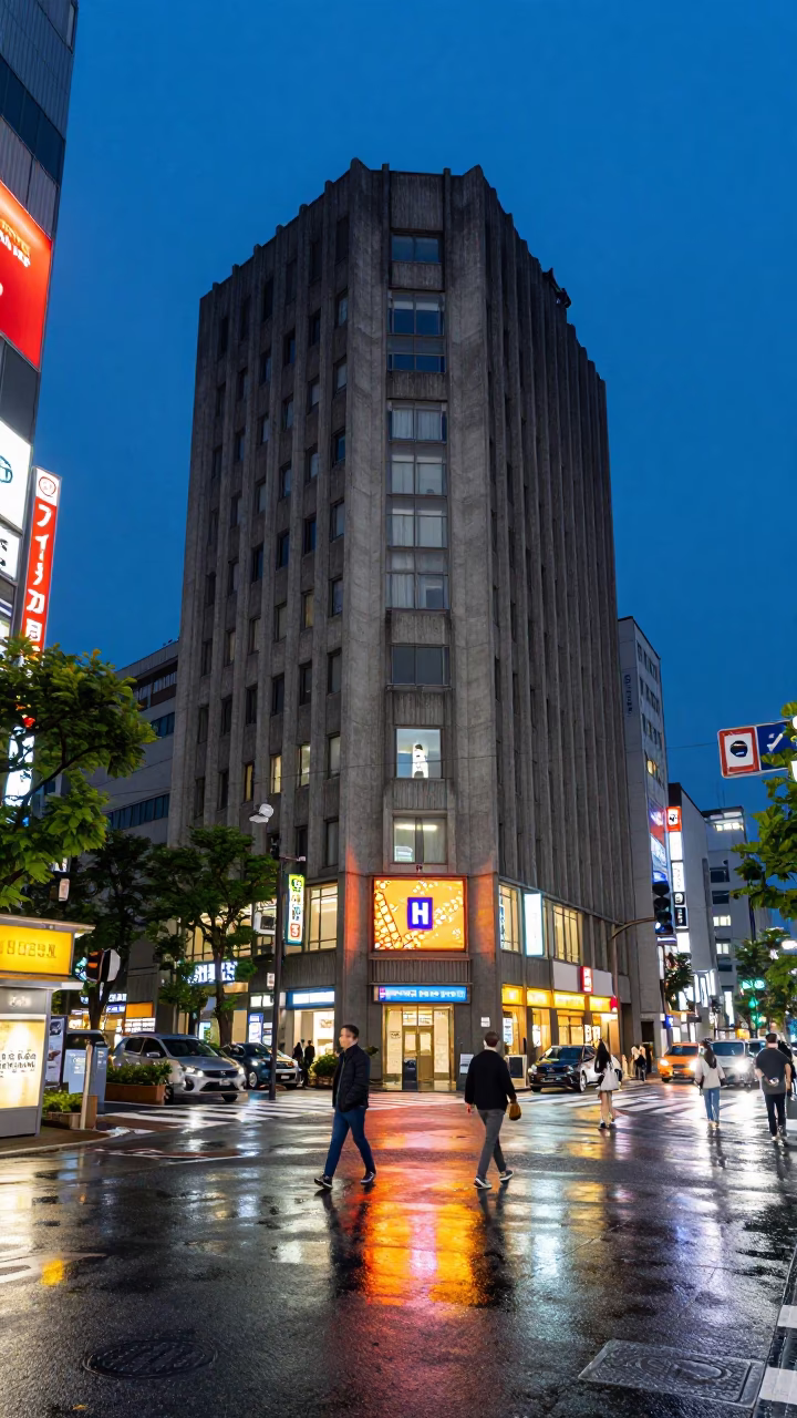Twilight Tokyo Street Scene with Brutalist Concrete Architecture and Urban Life in in Tokyo, Japan