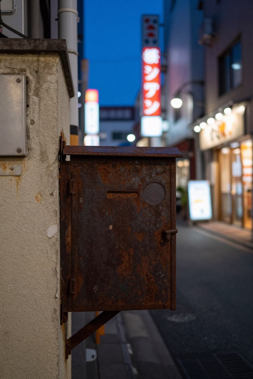 Twilight Tokyo Street Scene with Neon Signs and Urban Decay Details in in Tokyo, Japan