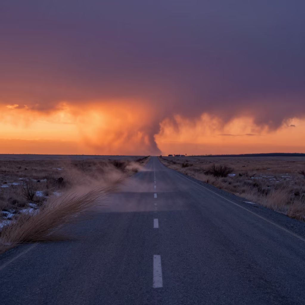 Twilight Tornado Touching Down on Winter Prairie Road in across a storm-bright plain near Leganés