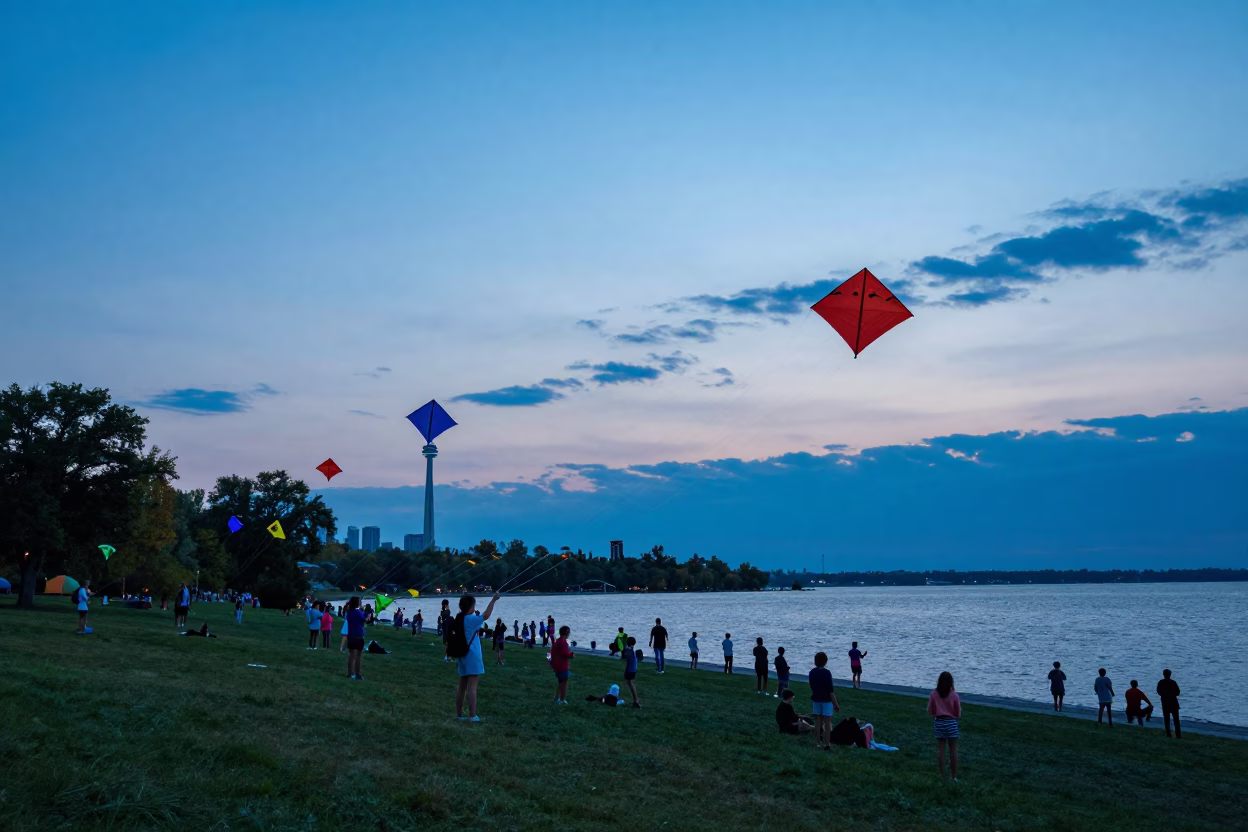 Twilight Toronto Kite Festival Colorful Sky Over Lake Ontario Waterfront Park in in Toronto, Ontario, Canada
