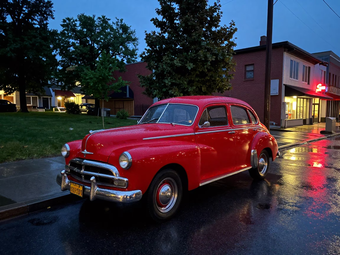 Twilight Toronto Street Scene with Vintage Car and Park Bench in in Toronto, Ontario, Canada