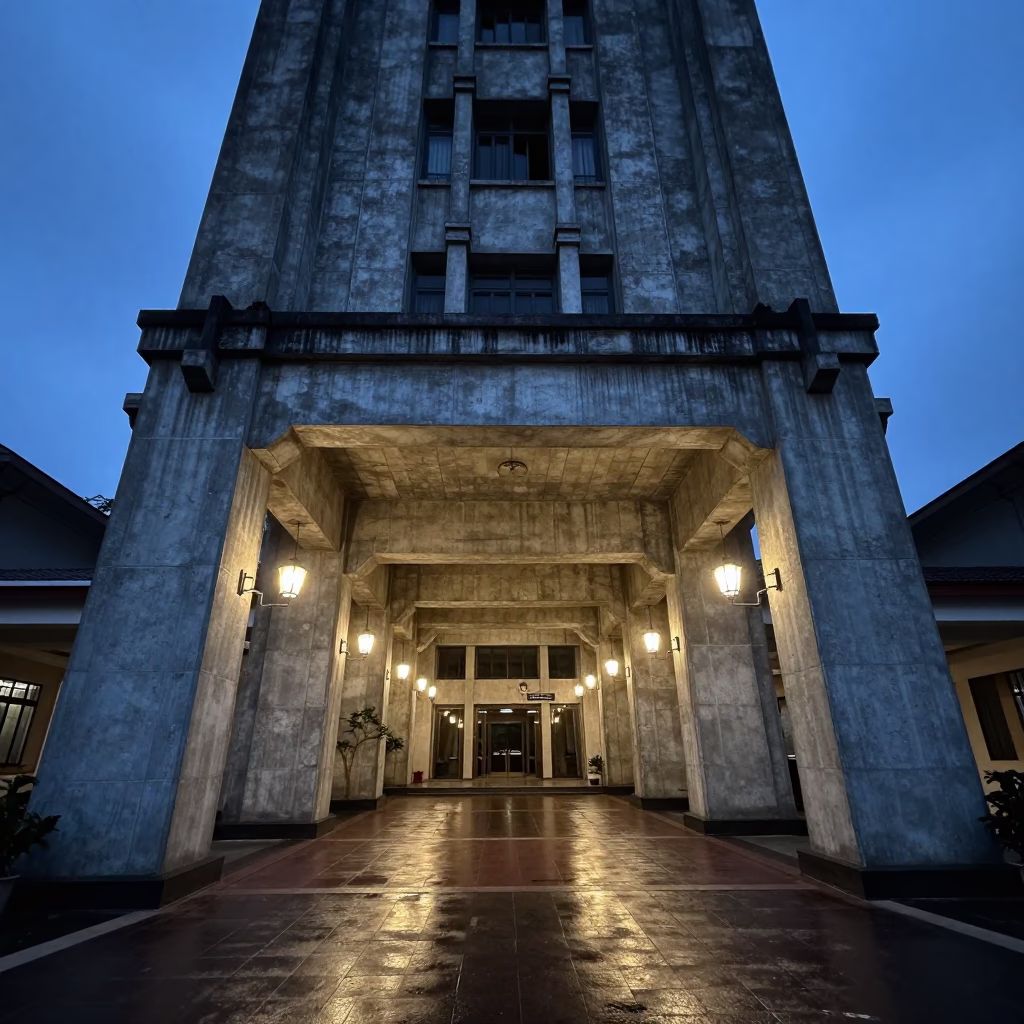 Twilight Tower Lobby Blue Hour Rain Reflections Philippines in in a lantern-lined temple precinct in Philippines