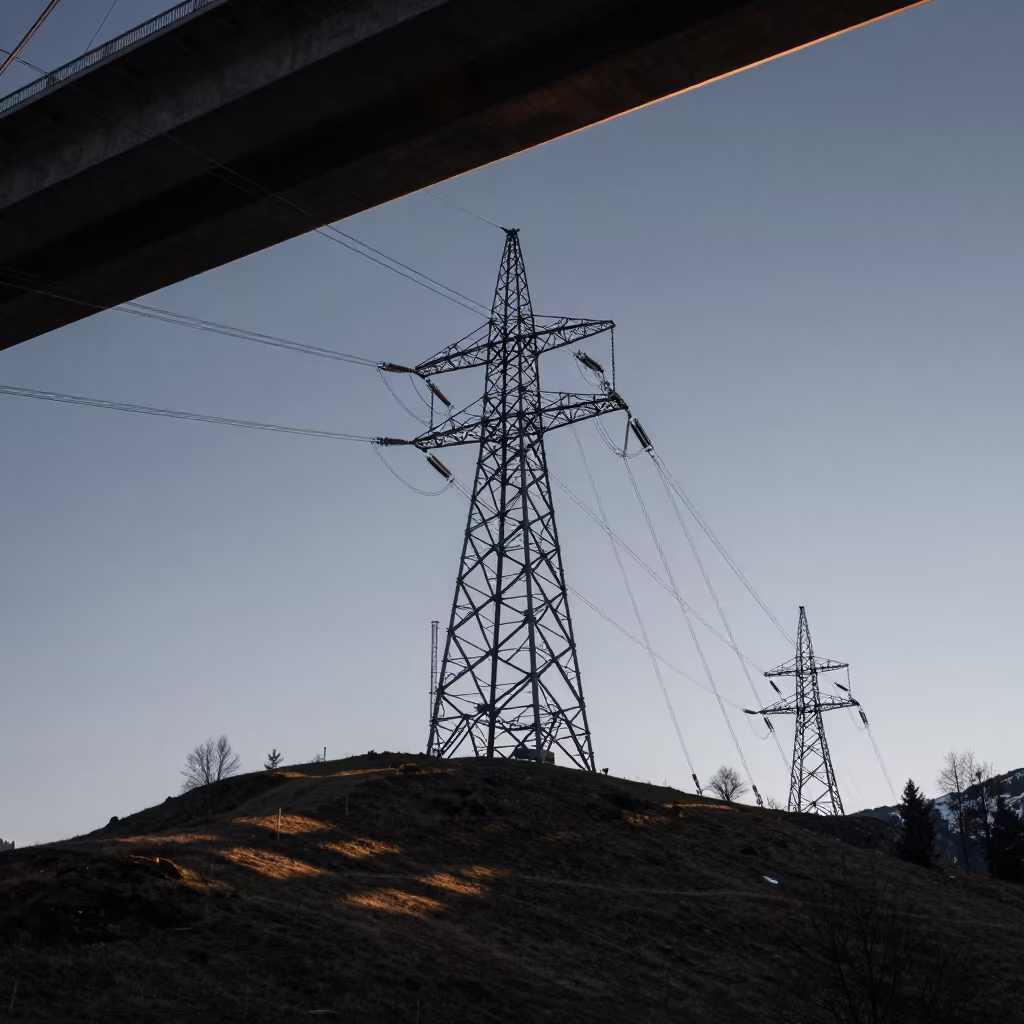 Twilight Transmission Towers Under Tyrolean Bridge in under a cable-stayed bridge span in Tyrol