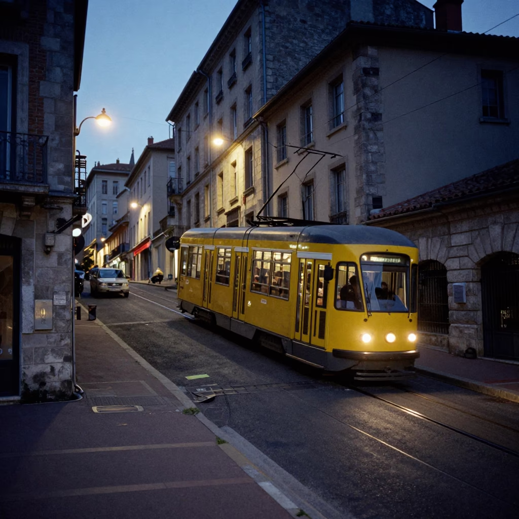 Twilight Tram on Steep Hill in Lyon France with Local Street Scene in in Lyon, France
