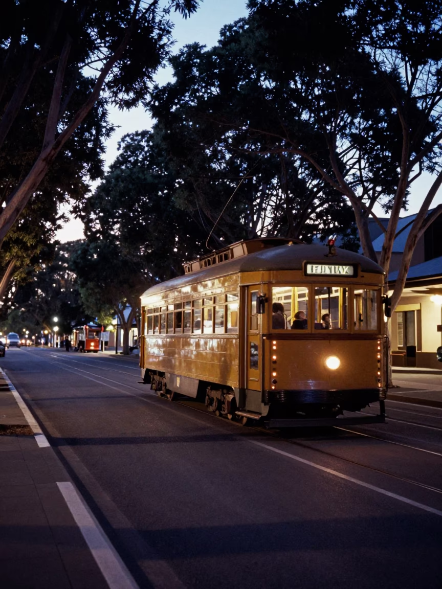 Twilight Tramcar on Tree-Lined Boulevard in Perth Western Australia in in Perth, Western Australia, Australia