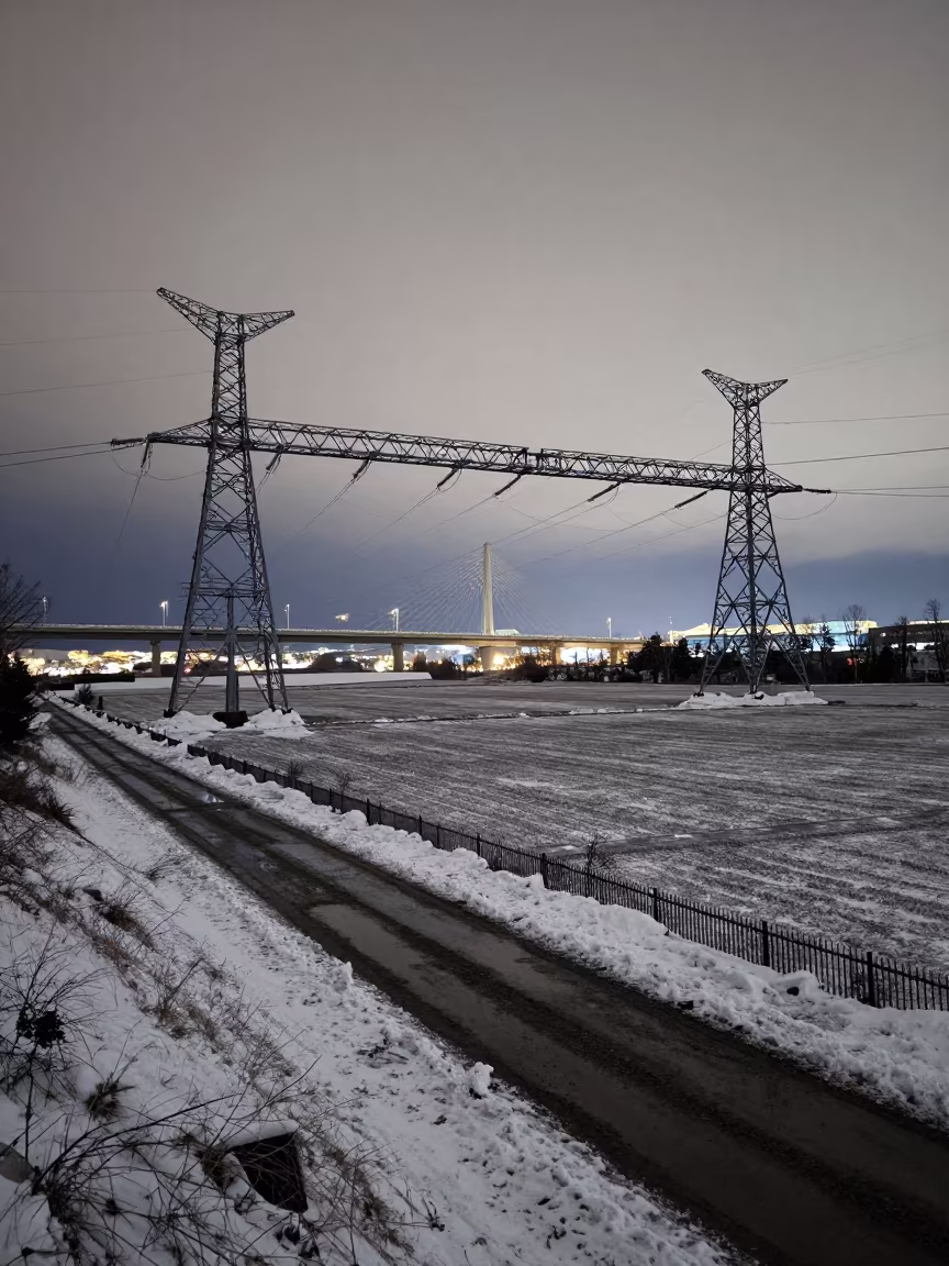 Twilight Transmission Towers Over Frost Pasture in under a cable-stayed bridge span near Sapporo