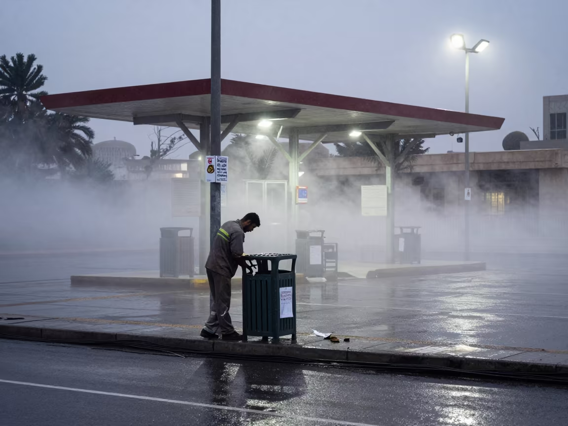 Twilight Trash Can Repair Near Polling Station in outside a polling station entrance near El Mahalla El Kubra