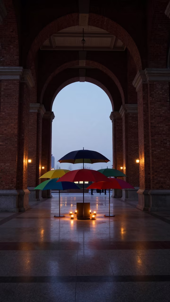 Twilight Umbrella Canopies in Zhengzhou Terminal in inside a restored train terminal in Zhengzhou
