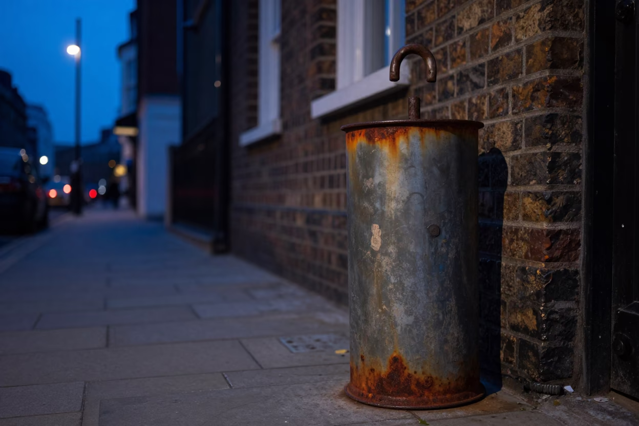 Twilight Umbrella Stand and Rusty Rim Detail in London Street Corner in in London, United Kingdom
