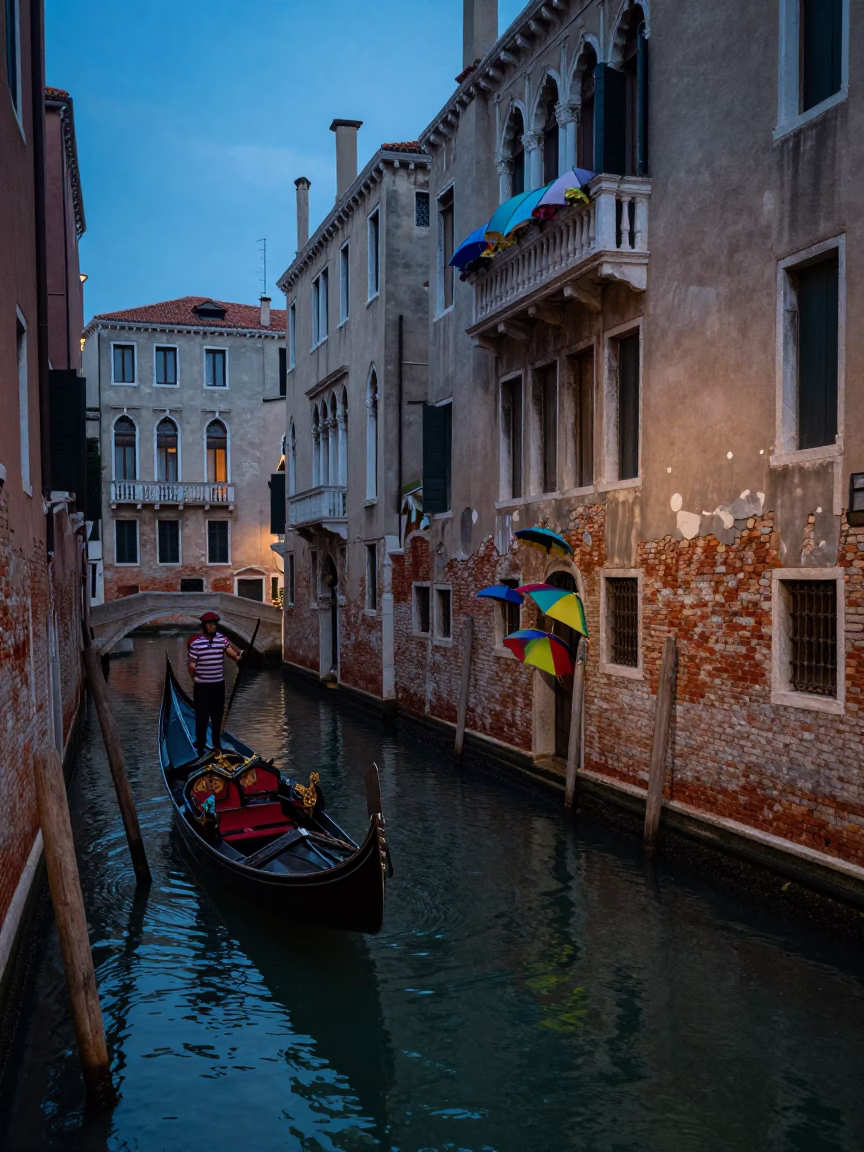 Twilight Umbrellas and Gondolas in Venice Italy Canal Scene in in Venice, Italy