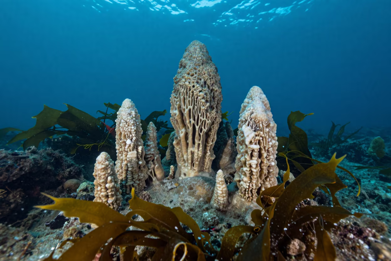 Twilight Underwater Stalactites With Kelp Fringe in along a kelp-fringed shelf near Fukuoka