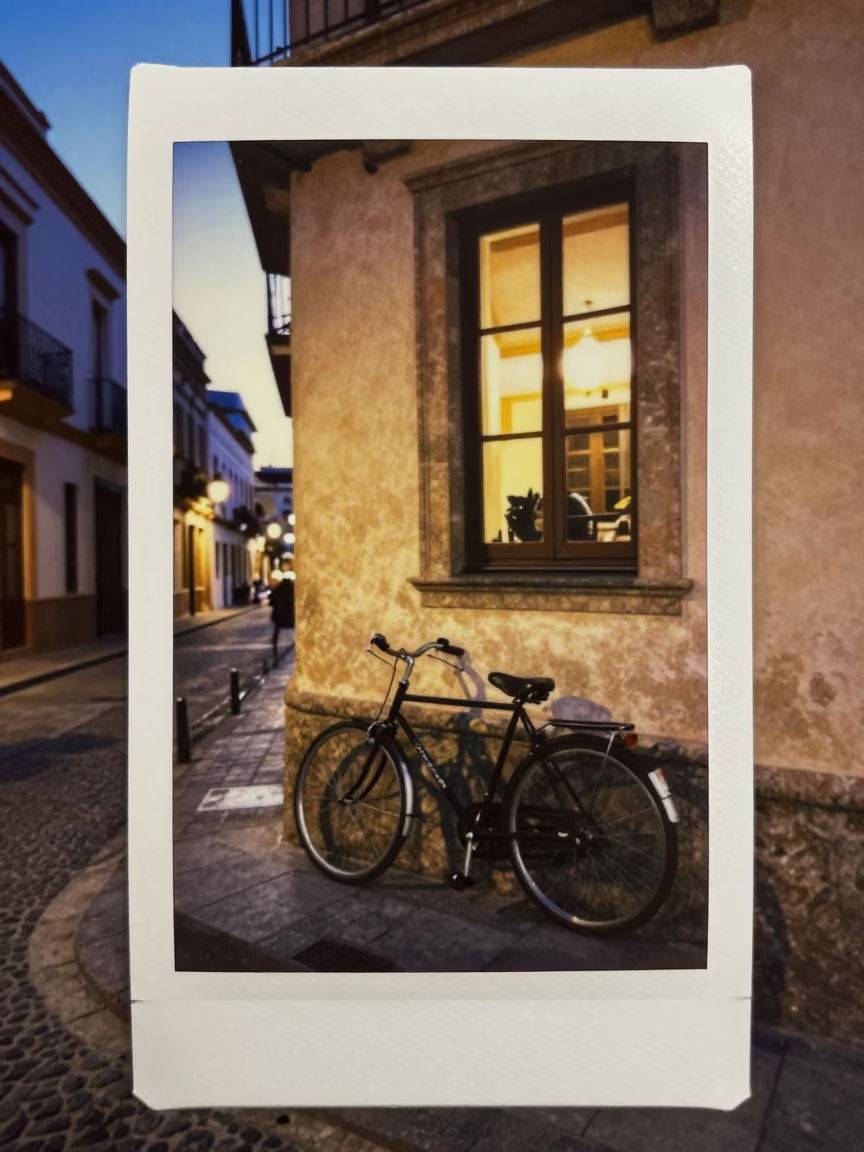 Twilight Valencia Street Scene with Bicycle and Open Window Curtain in in Valencia, Spain
