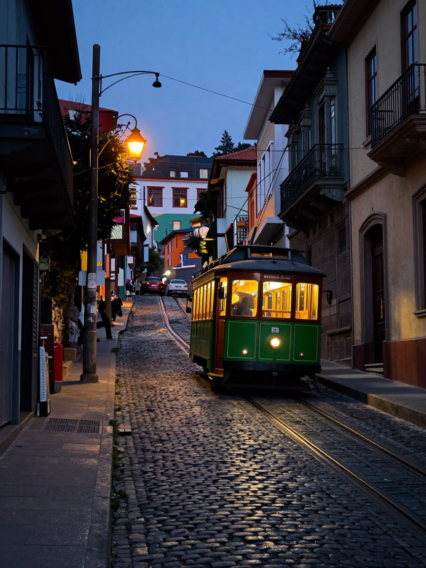 Twilight Valparaiso Chile Cobblestone Street with Reflected Tramcar and Lantern Light in in Valparaiso, Chile