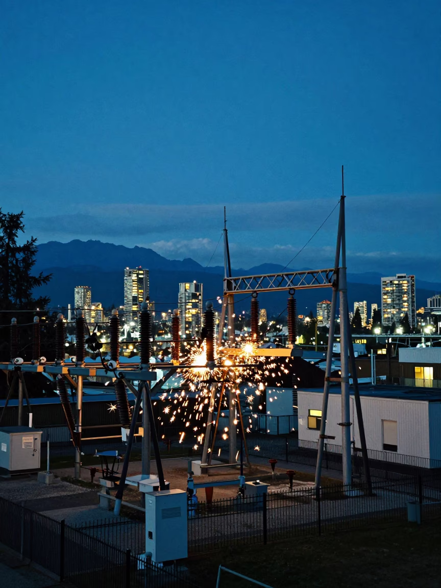 Twilight Vancouver British Columbia Substation Insulators Sparkling Under Floodlights in in Vancouver, British Columbia, Canada