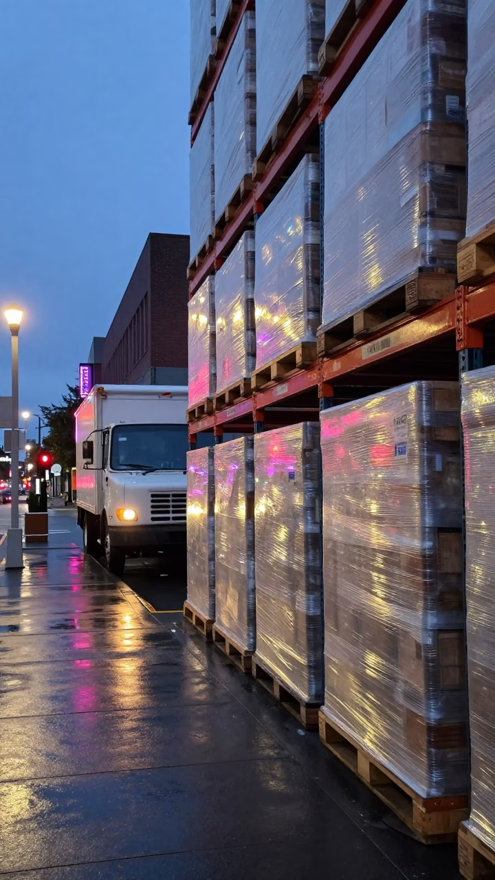 Twilight Vancouver Street Scene with Shrink-Wrapped Warehouse Pallets and Grape Vendor in in Vancouver, British Columbia, Canada