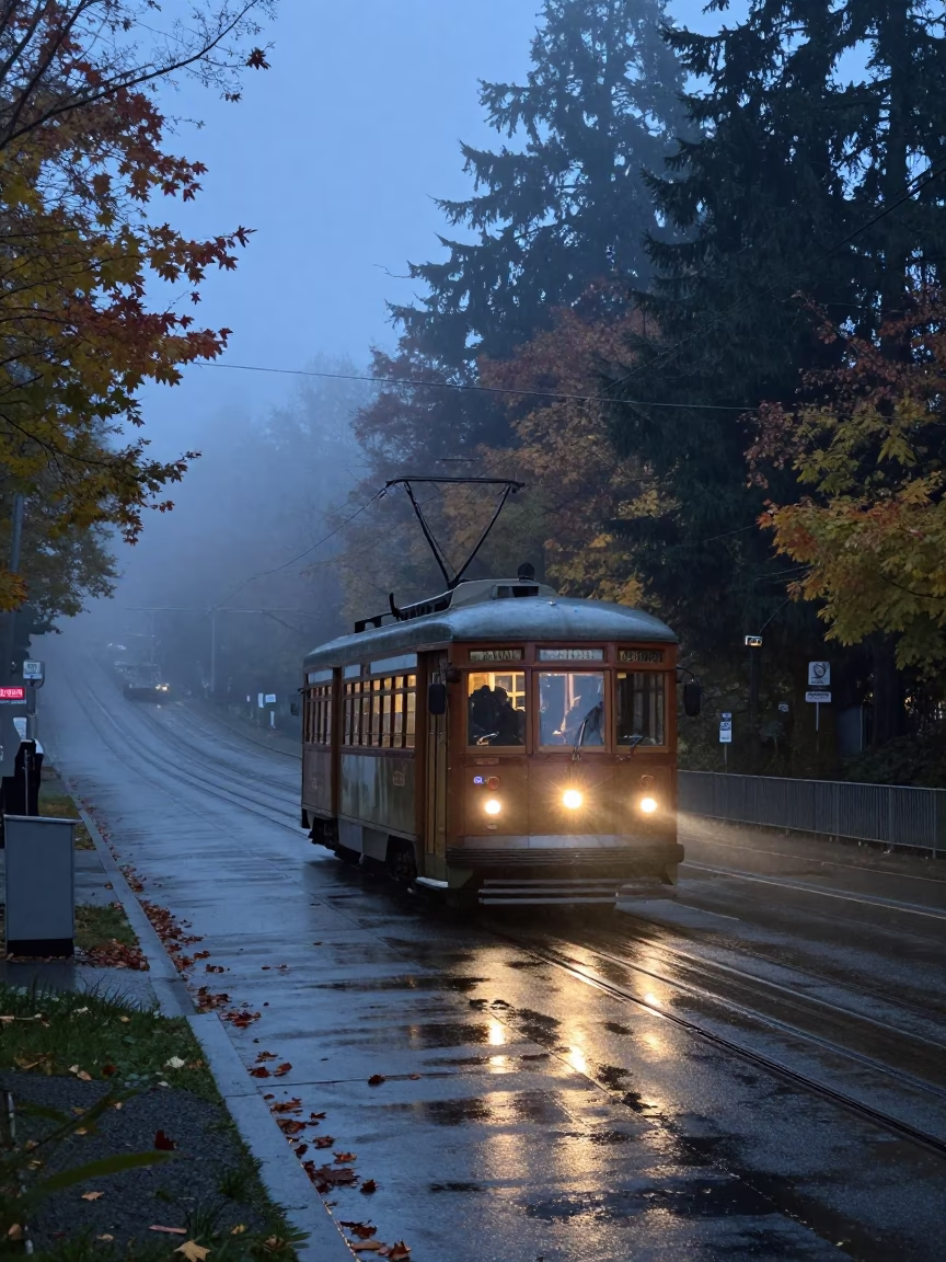 Twilight Vancouver Tram on Steep Hill with Autumn Mist and City Lights in in Vancouver, British Columbia, Canada