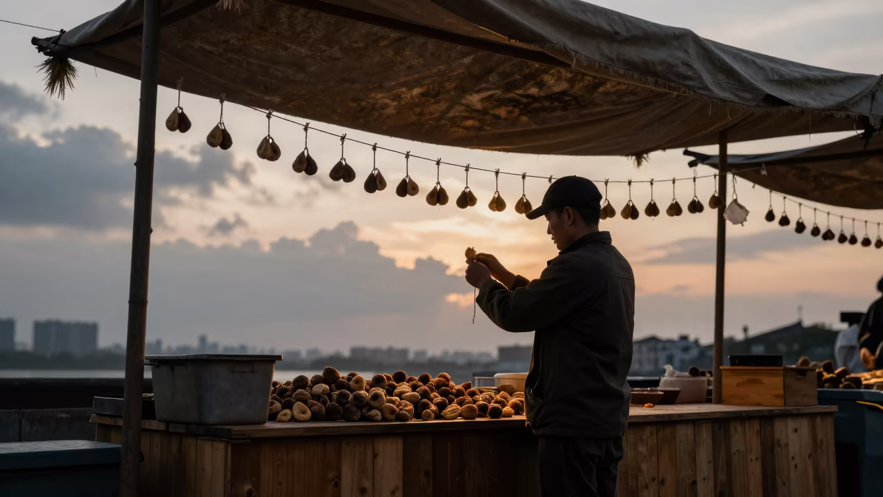 Twilight Vendor Stringing Dried Figs in Wuhan Market in under a market canopy in Wuhan