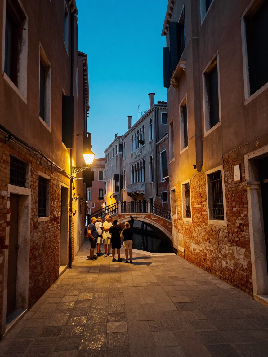 Twilight Venetian Street Scene with Tourists and Local Life in Venice Italy in in Venice, Italy