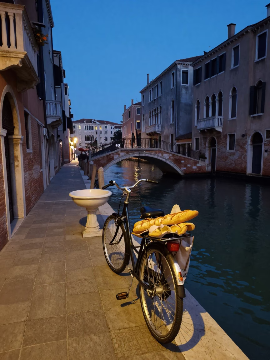 Twilight Venice Canal Scene with Bicycle Bridge Pier and Water Reflections in in Venice, Italy