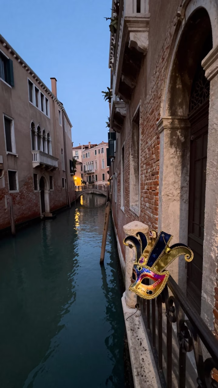 Twilight Venice Canal Scene with Carnival Mask and Street Violinist in in Venice, Italy