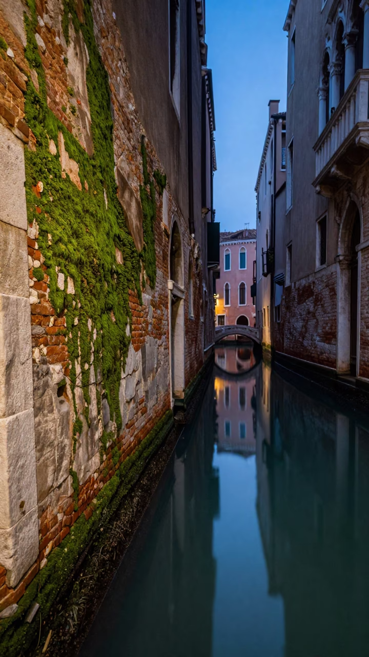 Twilight Venice Canal Scene with Mossy Stone Walls and Parked Scooter in in Venice, Italy
