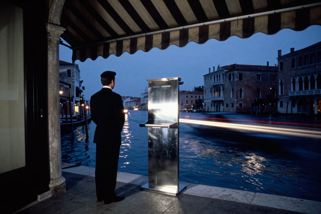 Twilight Venice Canal Scene with Valet Stand and Reflections of Gondola Passage in in Venice, Italy