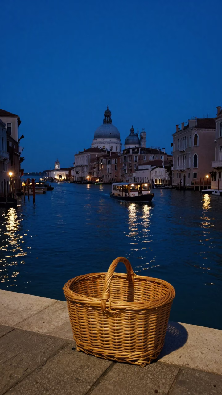 Twilight Venice Canal Scene with Wicker Basket Shadow on Stone and Local Interaction in in Venice, Italy