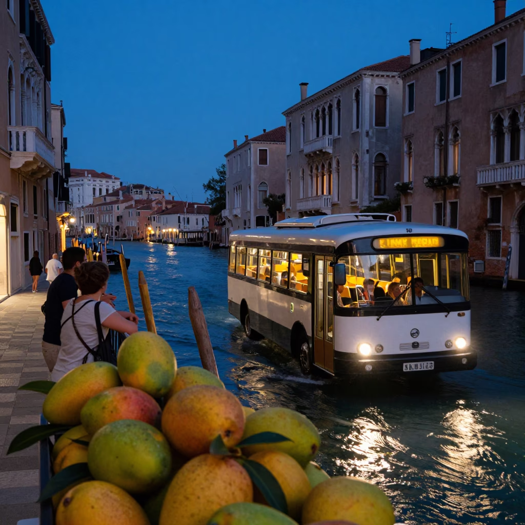 Twilight Venice Street Scene with Classic Bus and Mangoes in in Venice, Italy