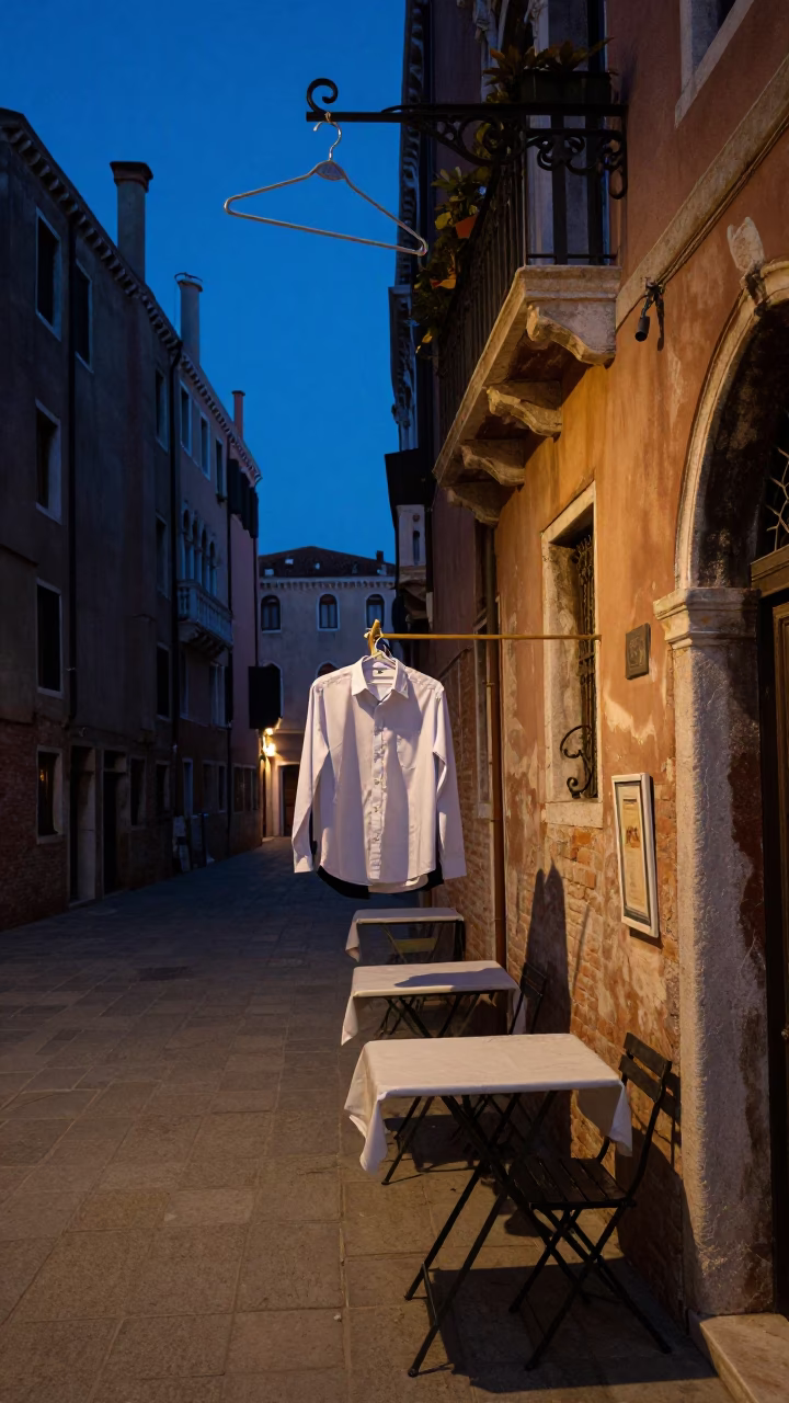 Twilight Venice Street Scene with Folding Tables and Shirt Hanger in in Venice, Italy