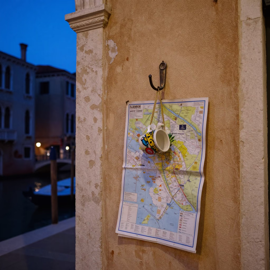 Twilight Venice Street Scene with Mug and Wall Hook in Historic Alleyway in in Venice, Italy