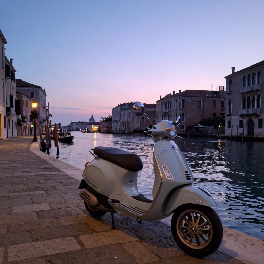 Twilight Venice Street Scene with Parked Scooter and Canal Reflections in in Venice, Italy