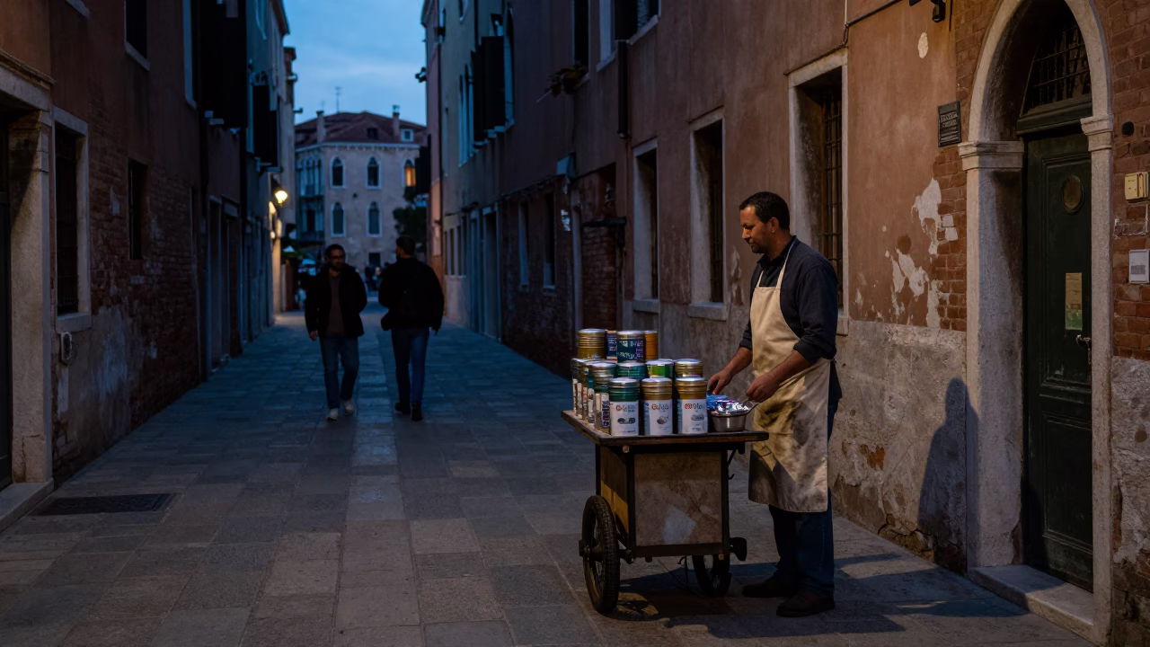 Twilight Venice Street Scene with Tiffin Tin and Local Interaction in in Venice, Italy