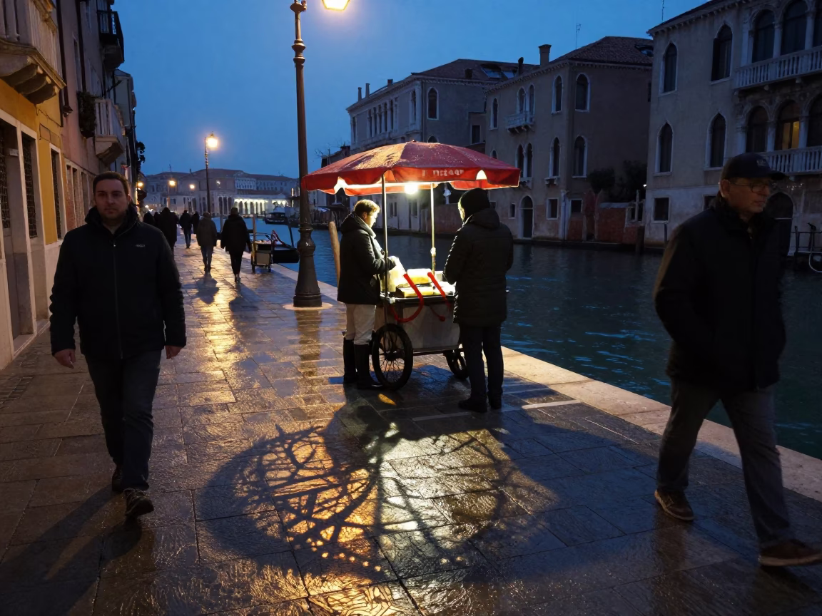 Twilight Venice Street Scene with Wicker Shadow and Raincoats Near Canal in in Venice, Italy