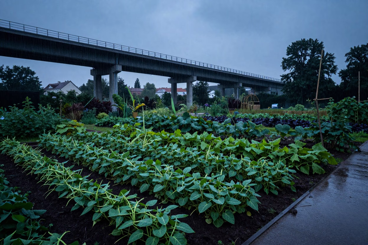 Twilight Viaduct Shadow Over Vienna Allotment Gardens with Rain Puddles and Freight Train in in Vienna, Austria