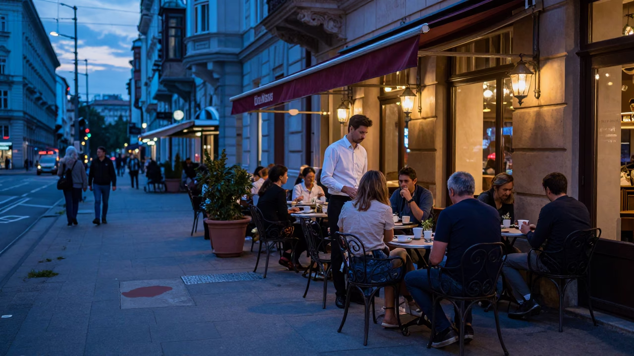 Twilight Vienna Cafe Street Scene with Tea Stains and Tart Tin in in Vienna, Austria