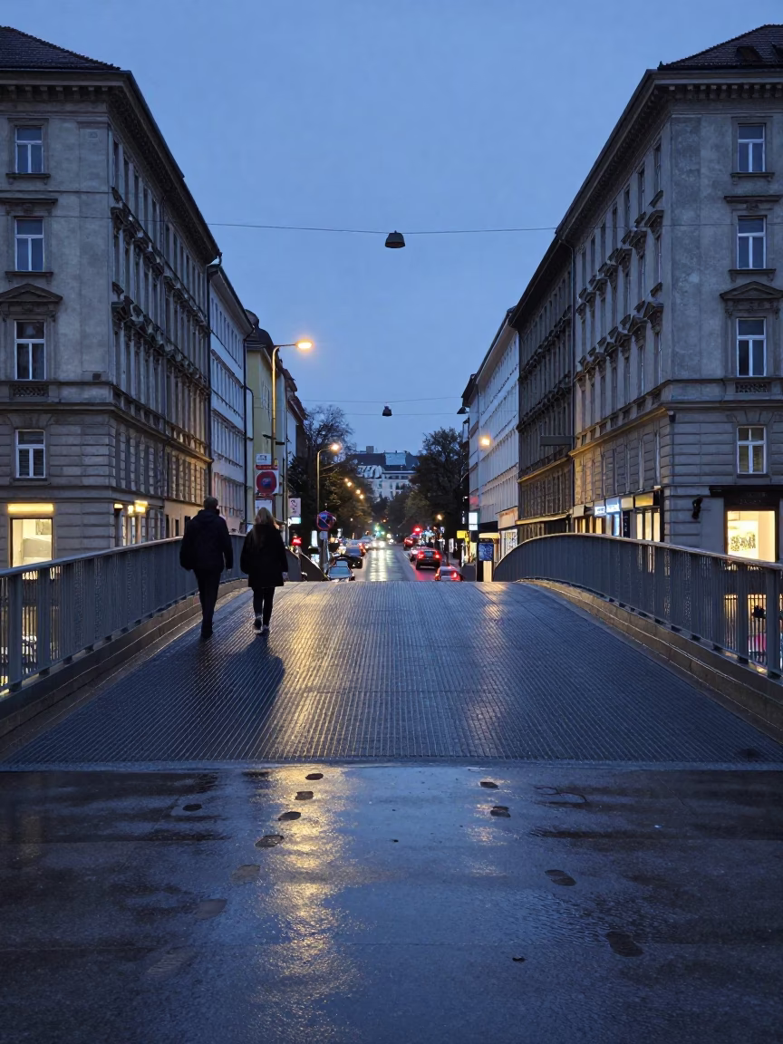 Twilight Vienna Street Scene with Pedestrian Overpass and Wet Footsteps in in Vienna, Austria