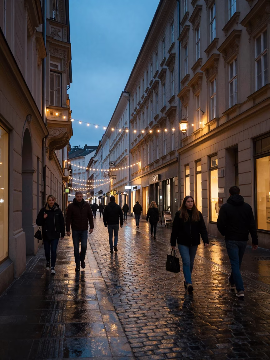 Twilight Vienna Street Scene with String Lights and Urban Ambiance in in Vienna, Austria