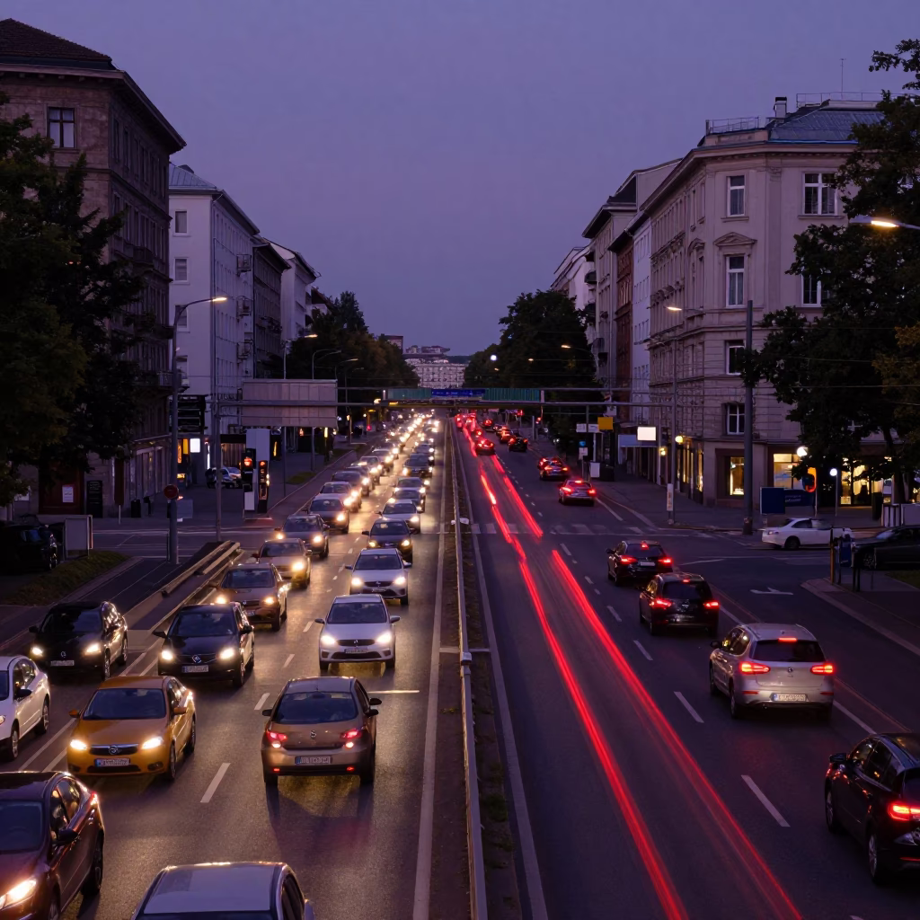 Twilight Vienna Street Scene with Taillight Streaks and Urban Infrastructure in in Vienna, Austria