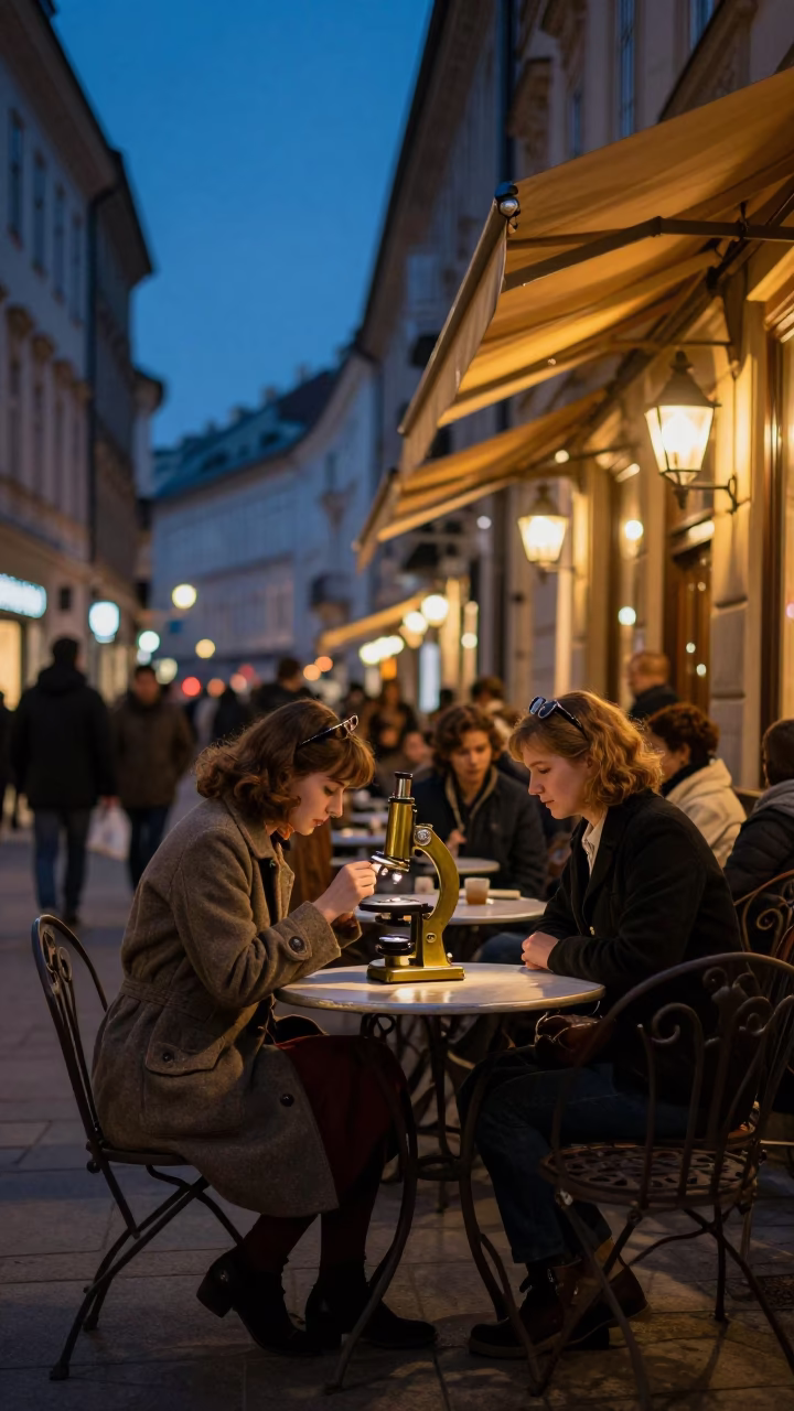 Twilight Vienna Street Scene with Vintage Brass Microscope and Ceramic Bowl in in Vienna, Austria