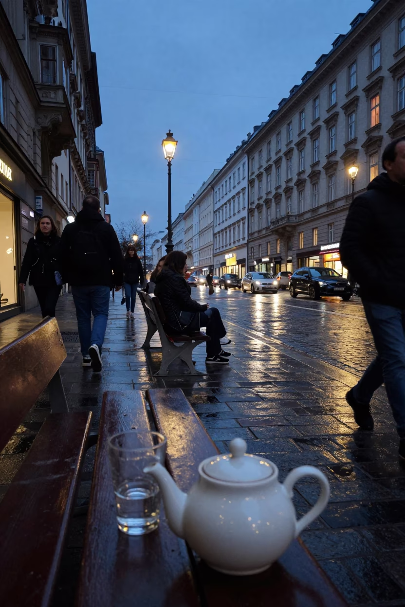 Twilight Vienna Street Scene with Vintage Teapot and Glass Jar on Bench in in Vienna, Austria