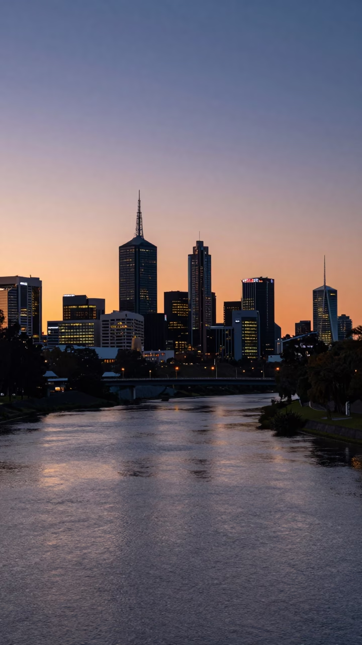 Twilight View of Adelaide River Torrens with Distant Dam Infrastructure and Urban Reflections in in Adelaide, South Australia, Australia