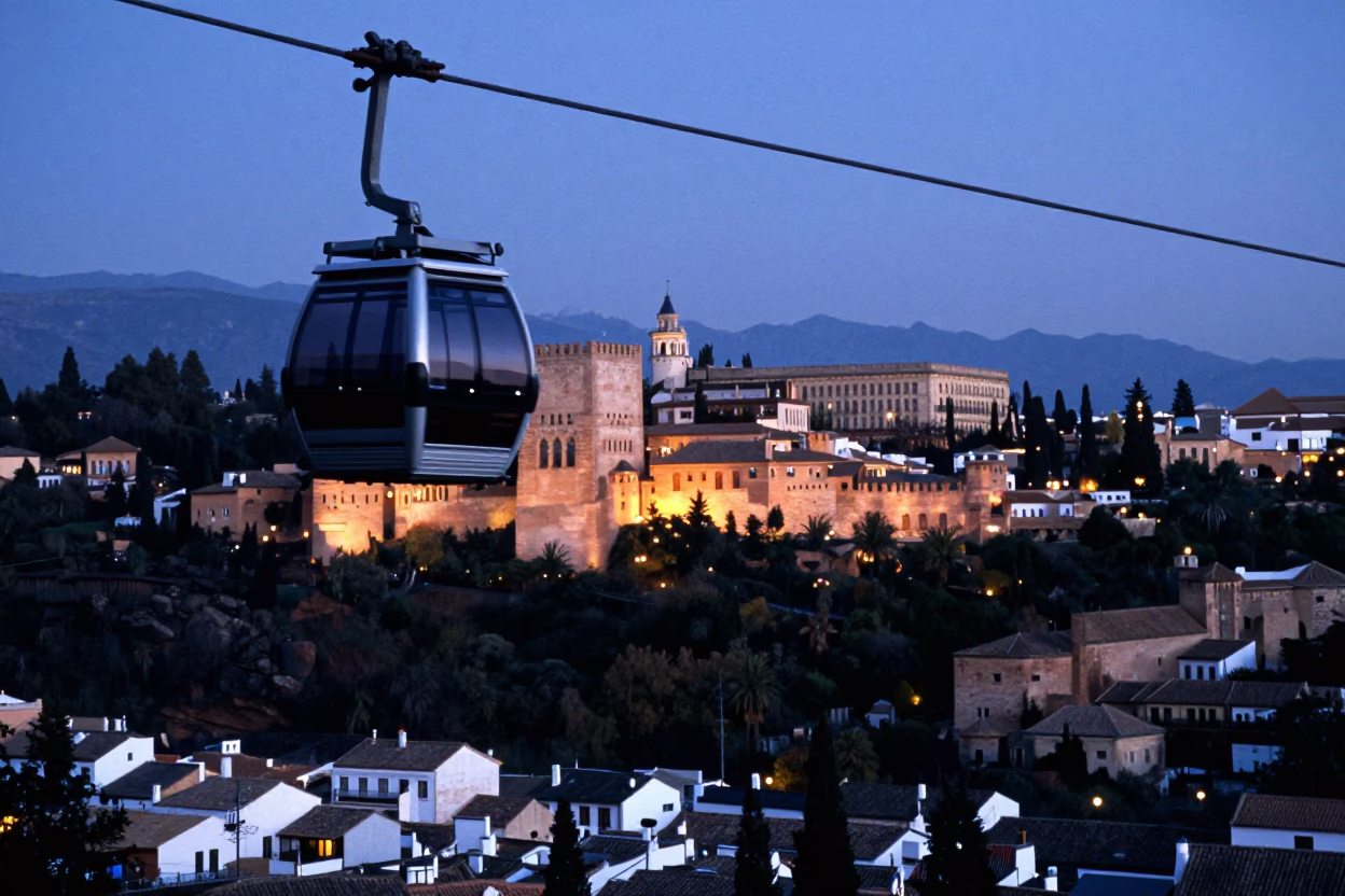 Twilight View of Alhambra Fortress and Granada Cityscape from Cable Car in in Granada, Spain