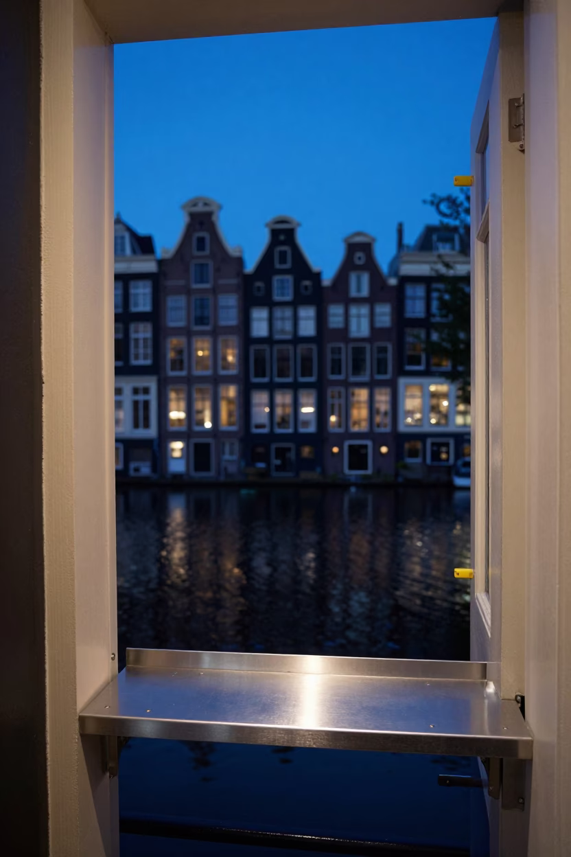 Twilight View of Amsterdam Canal Houses with Brushed Steel Shelf and Doorknob Details in in Amsterdam, Netherlands