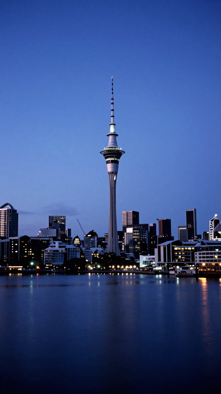 Twilight View of Auckland Sky Tower and Harbor from Viaduct Harbour Promenade in in Auckland, New Zealand