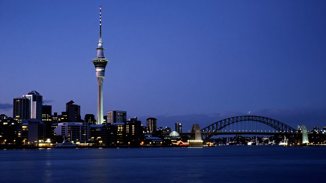 Twilight view of Auckland Sky Tower and Harbour Bridge with coiled rope on wharf in in Auckland, New Zealand
