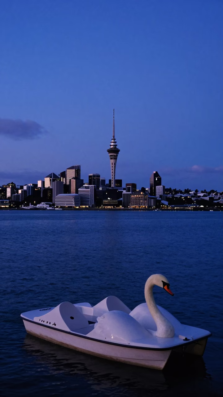 Twilight view of Auckland waterfront with swan pedal boat on harbor in in Auckland, New Zealand