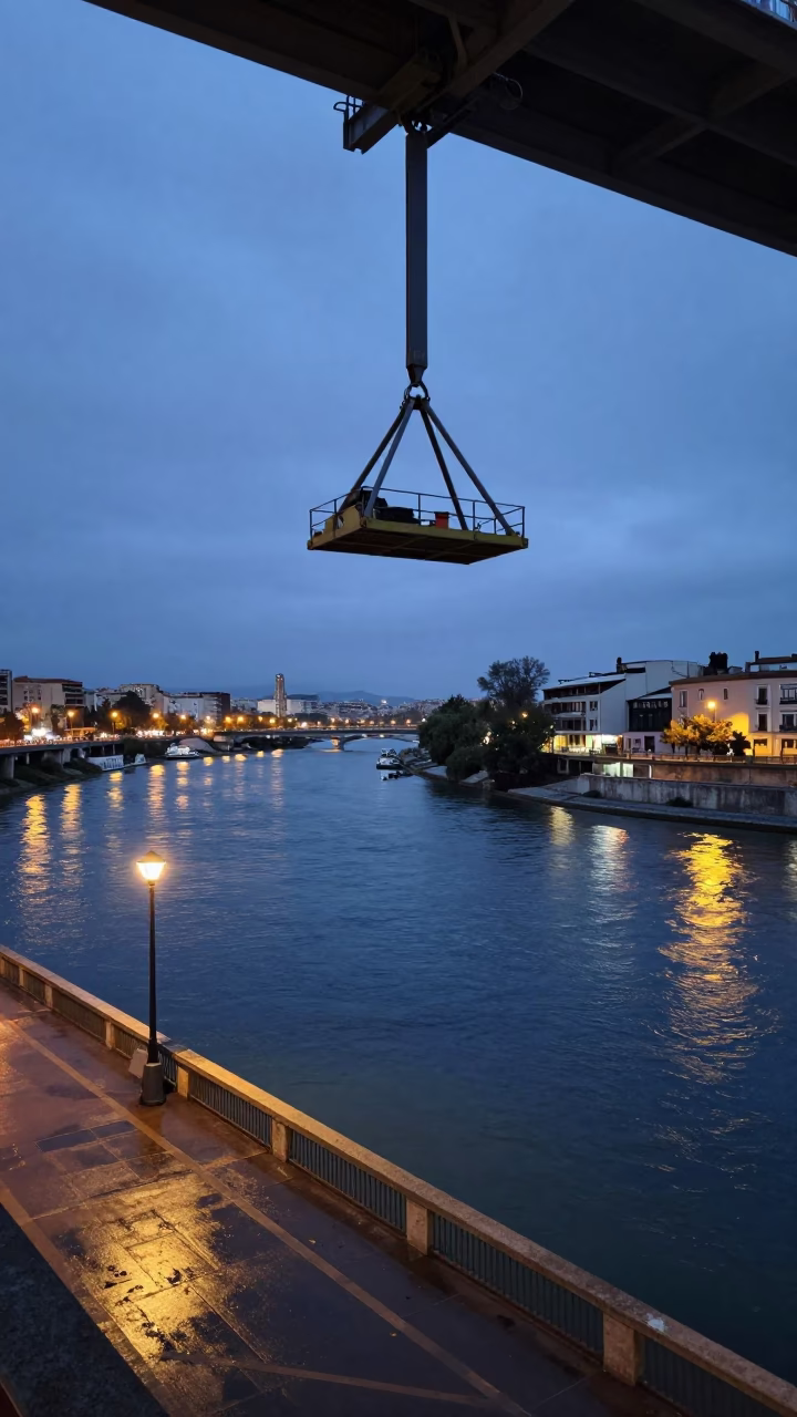 Twilight View of Barcelona's Winding River Bridge Maintenance Cradle and Urban Waterfront in in Barcelona, Spain