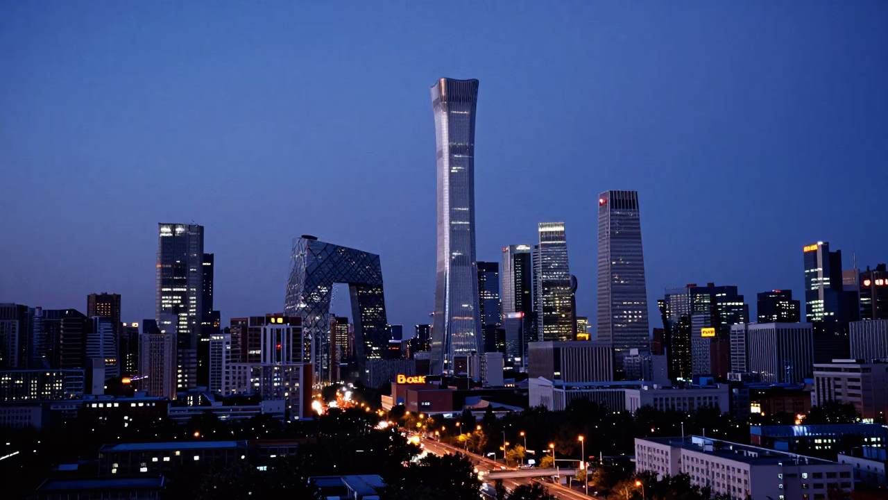 Twilight View of Beijing Skyline and Urban Street Life in China in in Beijing, China