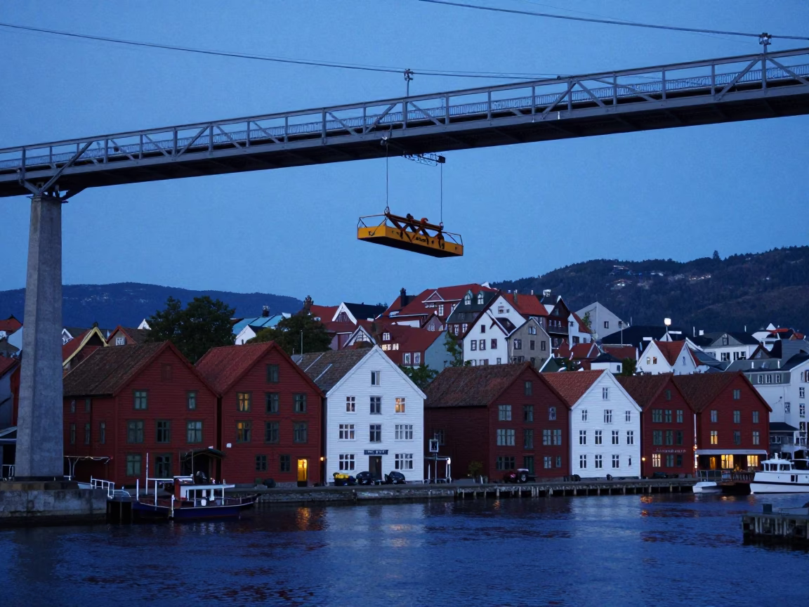 Twilight View of Bergen Norway Bryggen Wharf with Bridge Maintenance Cradle Hanging Over Water in in Bergen, Norway